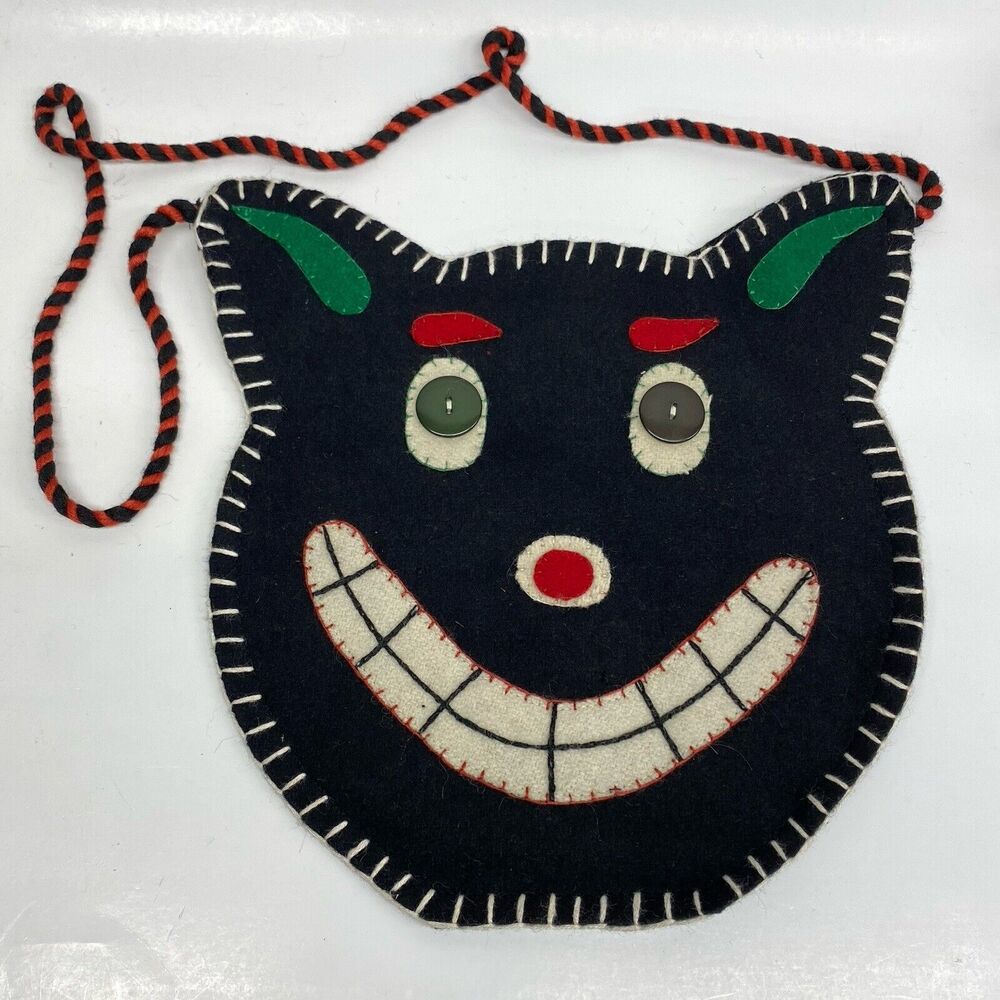 TAG Vintage Style Purse Tote Smiling Black Cat Head Halloween Wool Handbag